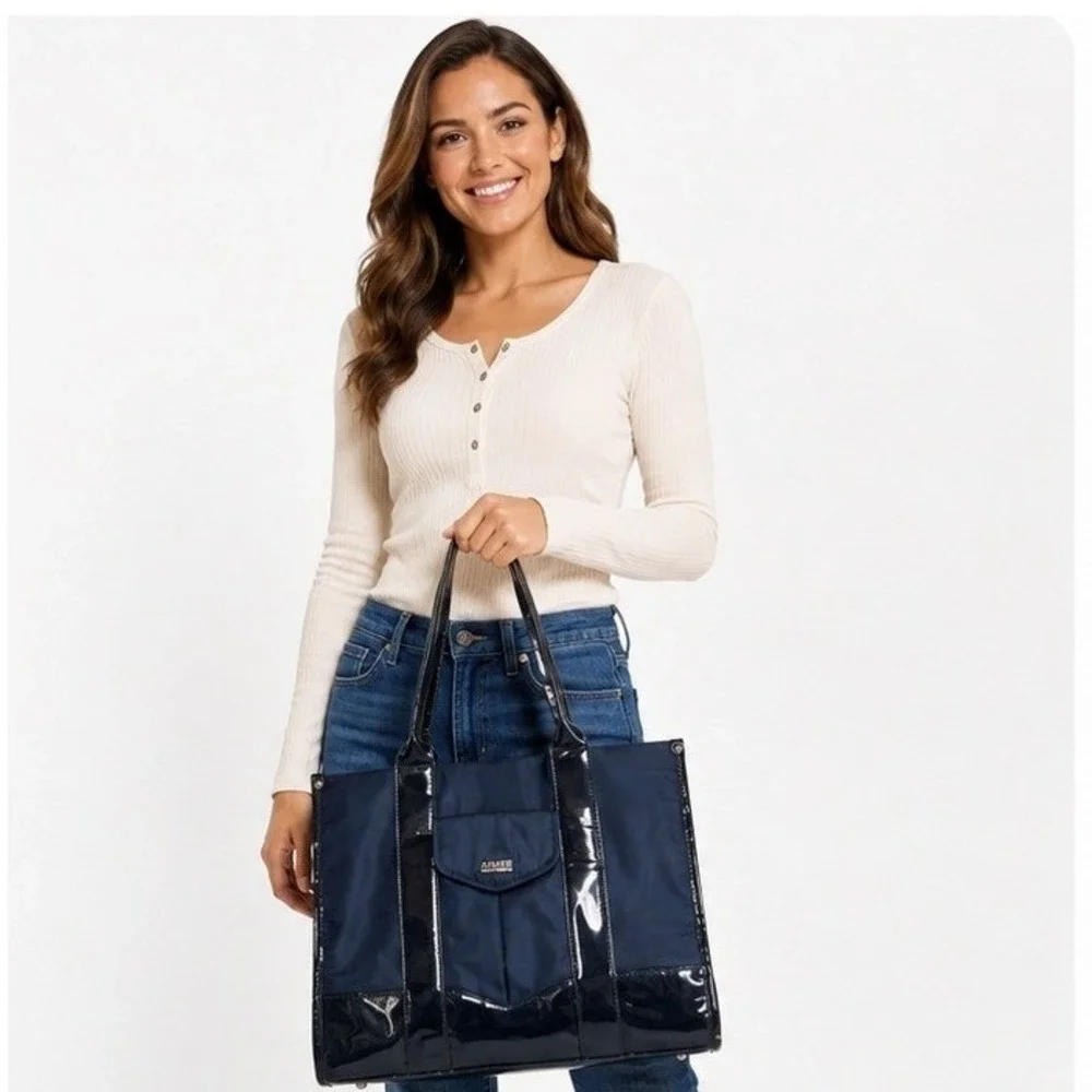 Aimee Kestenberg Women's Patent Trim Structured Tote Shoulder Double Handle Bag